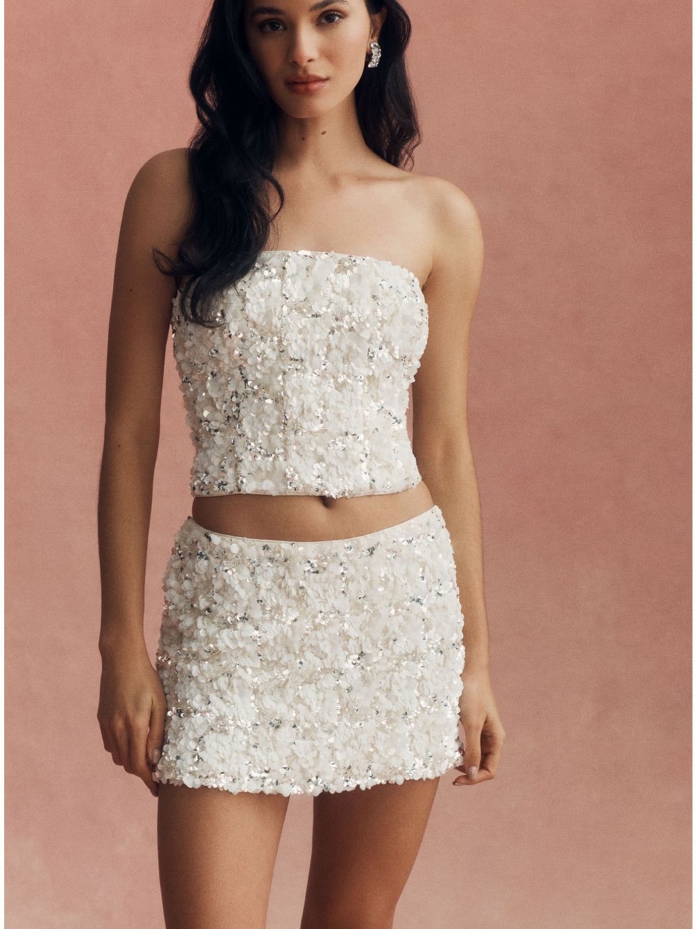 Strapless White Sequin Mini Skirt Set - Women's